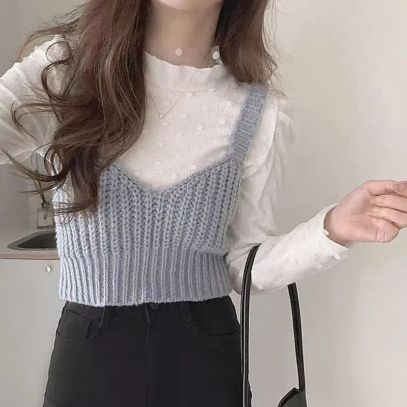 Korean Style Polka Dot Lace Shirt with Knitted Sling Vest