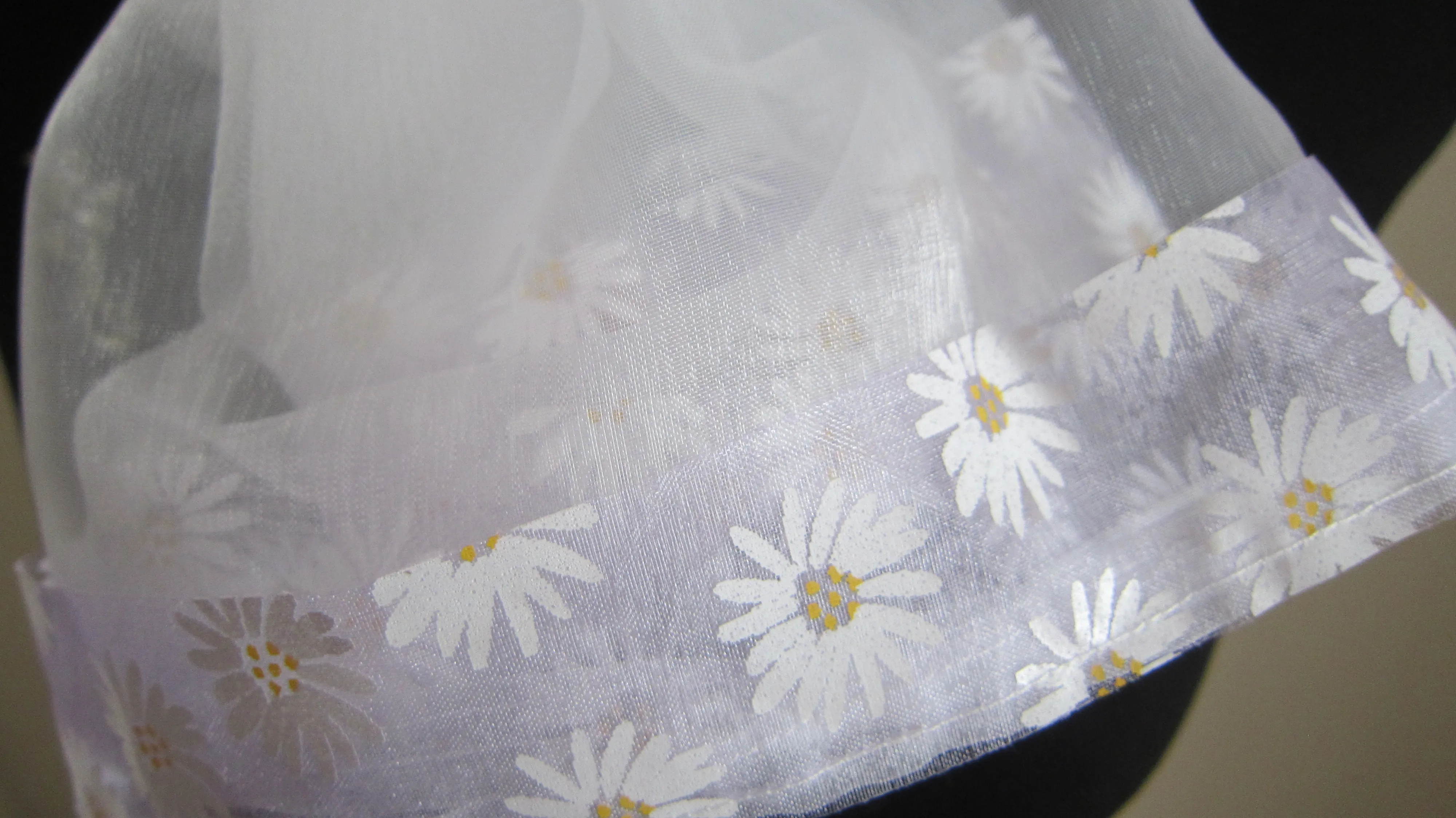 Ladies White Organza Scarf With Daisy Print Organza Trim