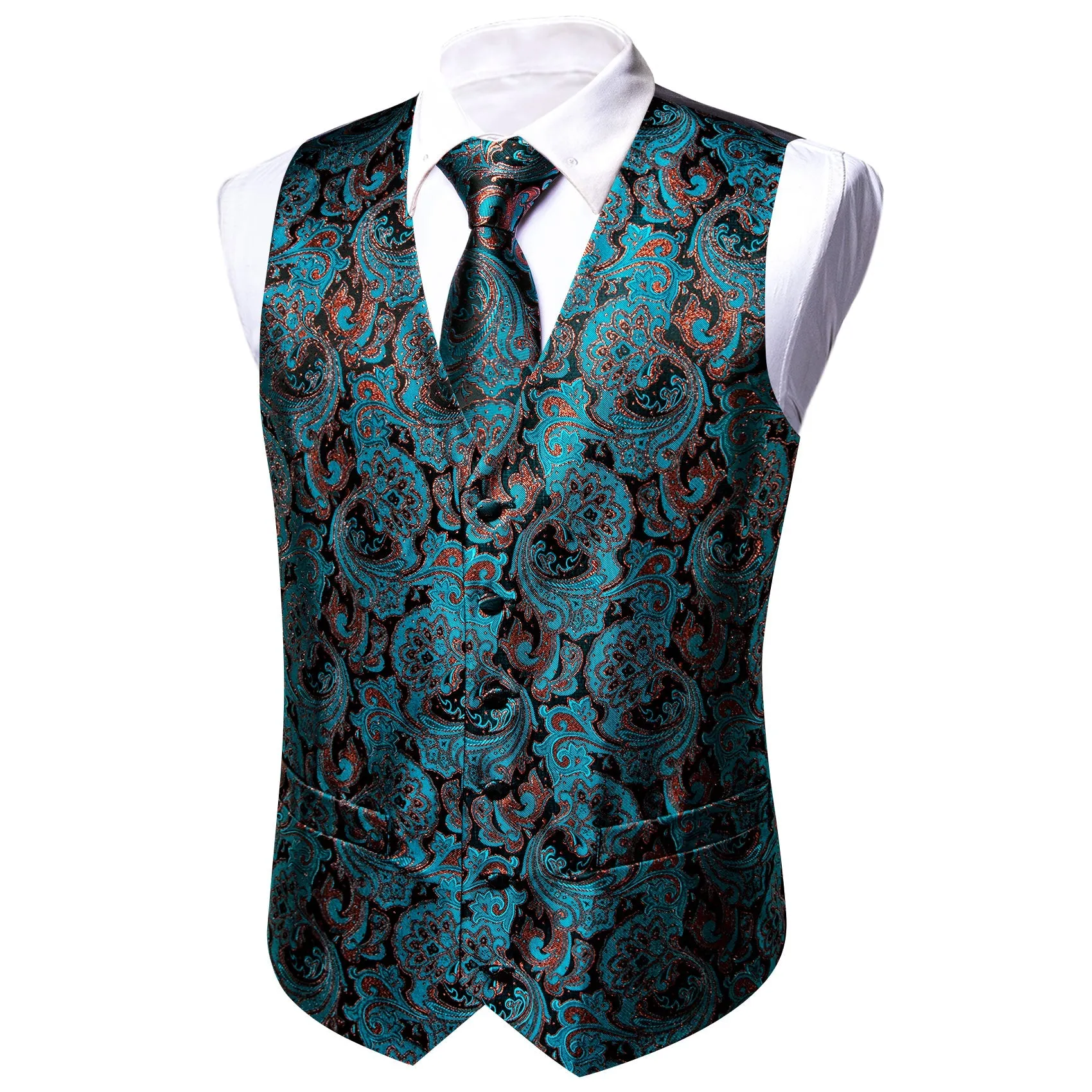 Lake Blue Brown Paisley Jacquard Silk Men's Vest Hanky Cufflinks Tie Set