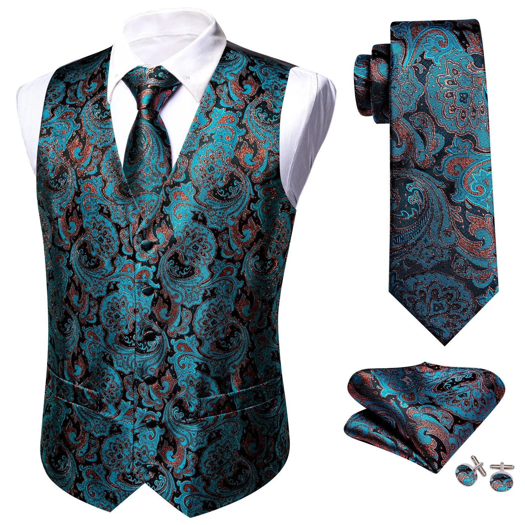 Lake Blue Brown Paisley Jacquard Silk Men's Vest Hanky Cufflinks Tie Set