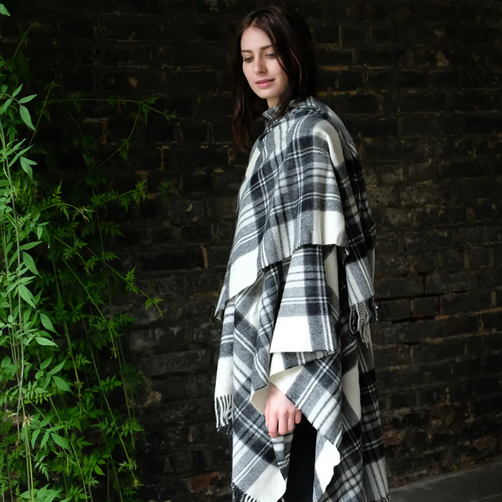 Lambswool Poncho in Grey Dress Stewart Tartan