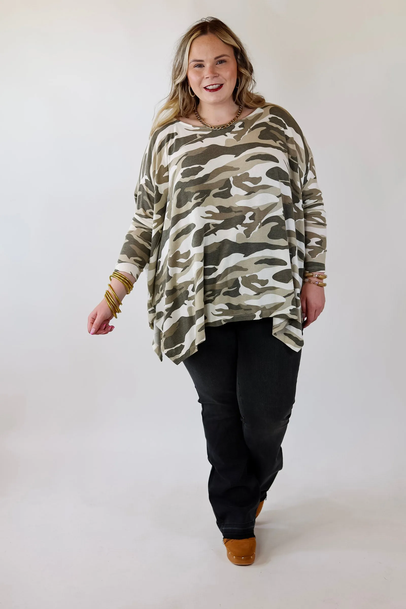 Last Chance Size S/M | Sidewalk Views Long Sleeve Oversized Shift Top in Camouflage