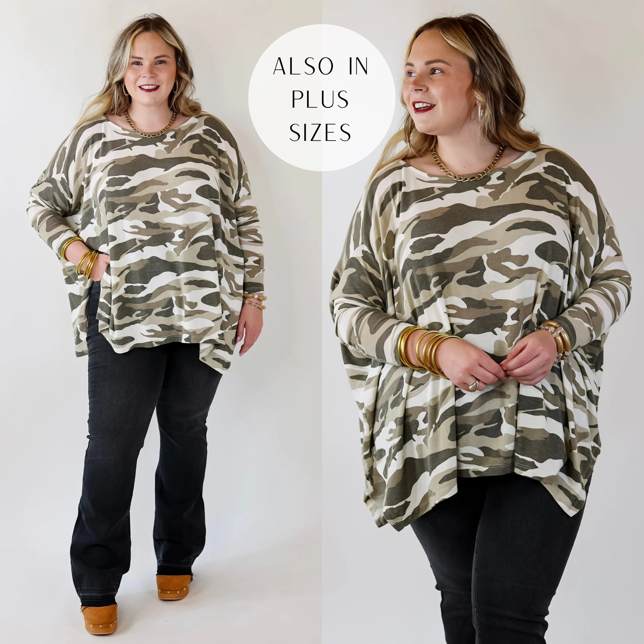 Last Chance Size S/M | Sidewalk Views Long Sleeve Oversized Shift Top in Camouflage