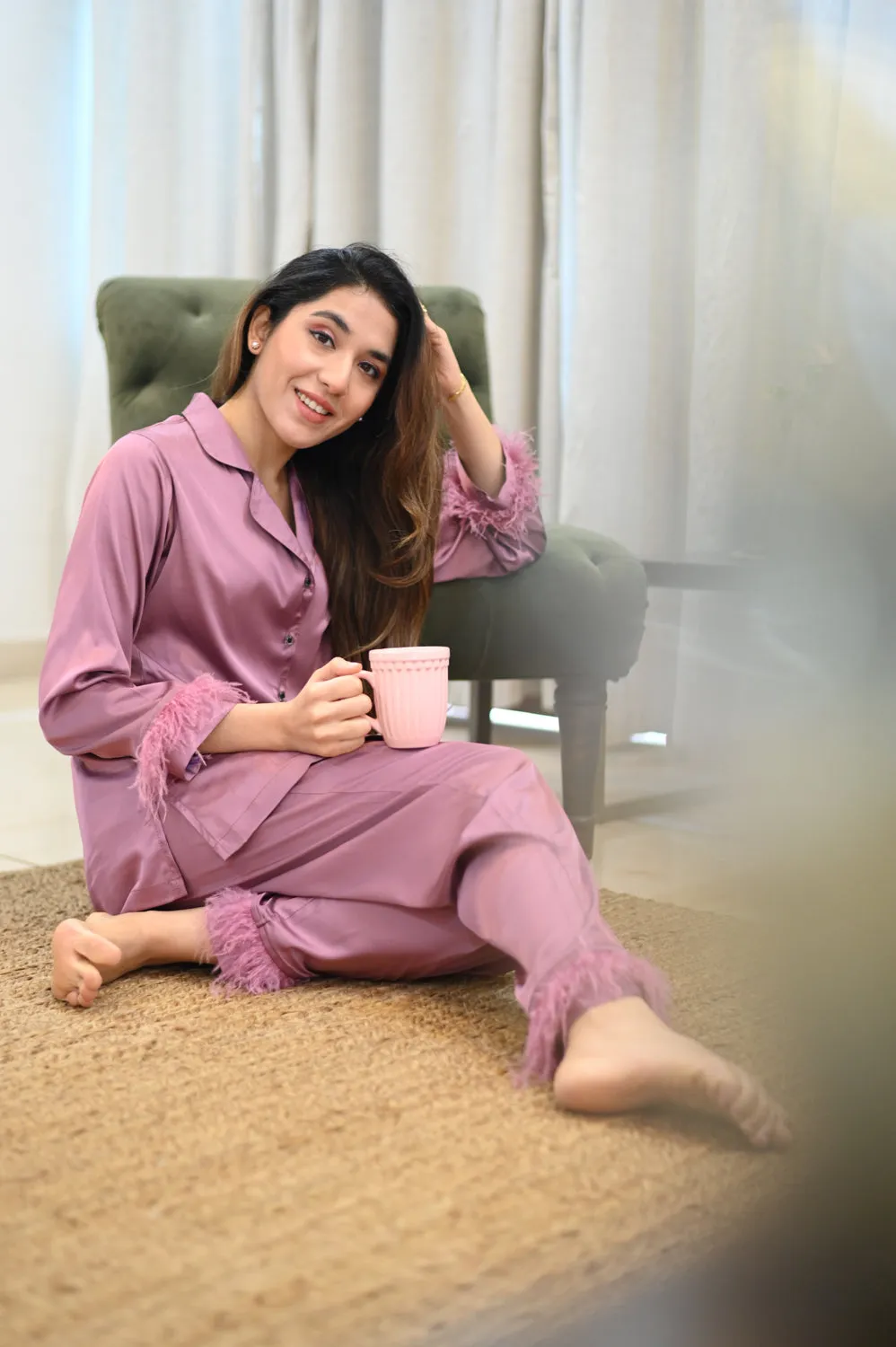 Lavender Pj set in Satin with Fur detail