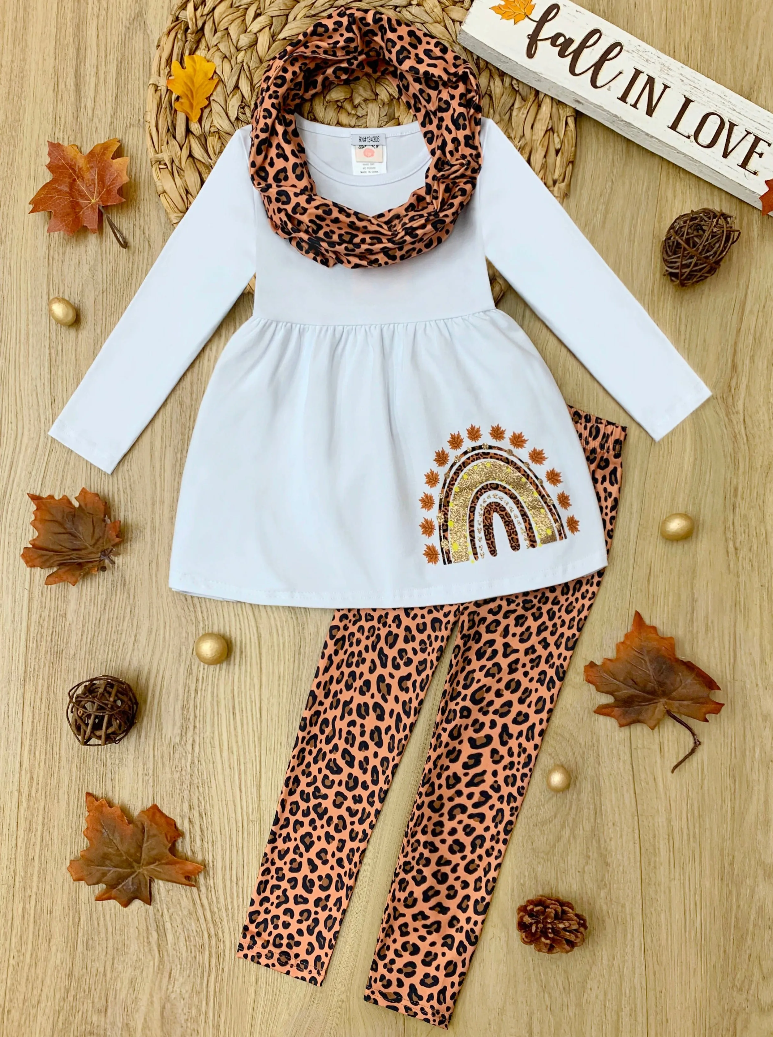 Leopard Rainbow Tunic, Scarf and Legging Set