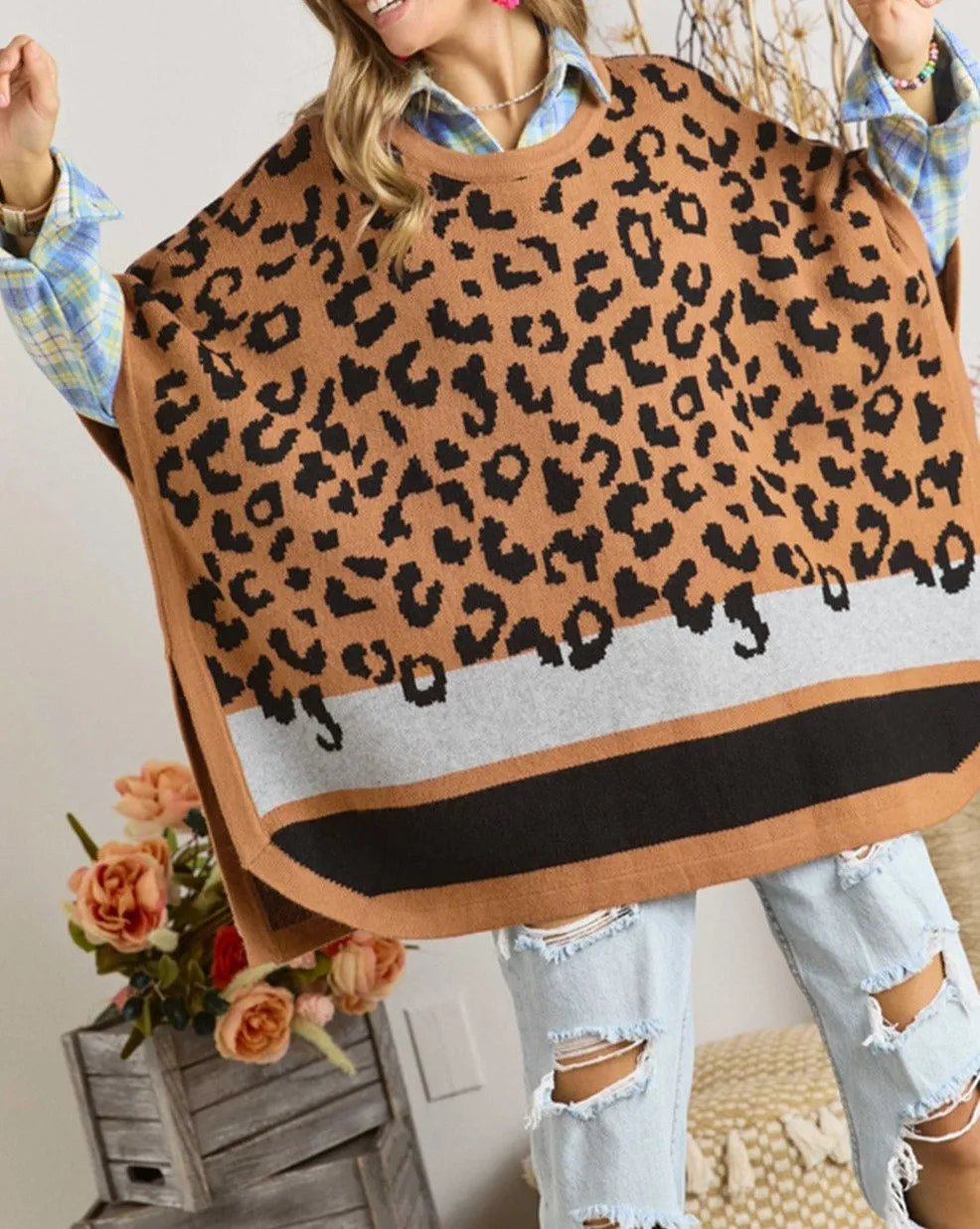 Leopard Stripe Poncho Sweater