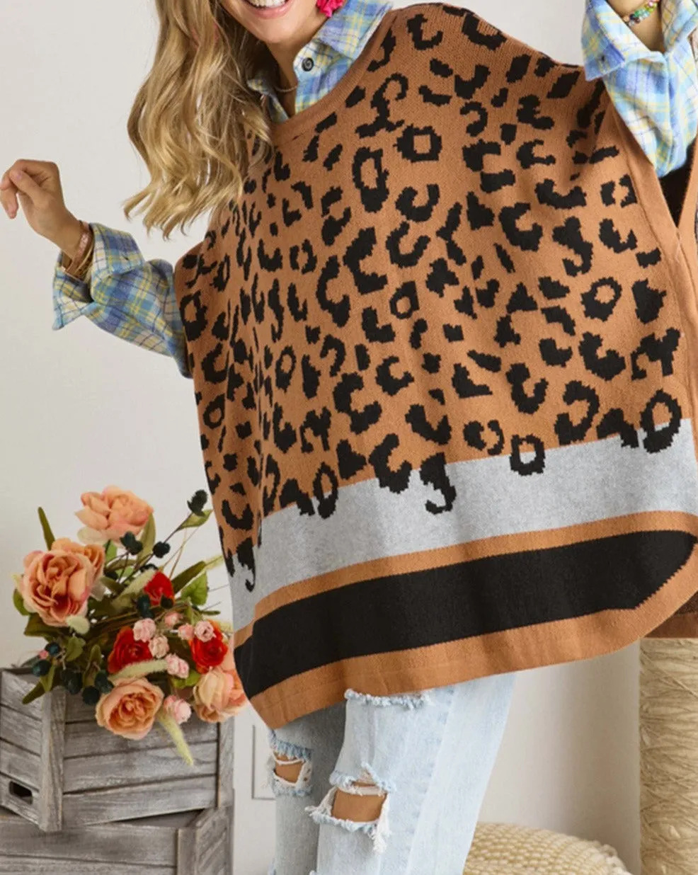 Leopard Stripe Poncho Sweater