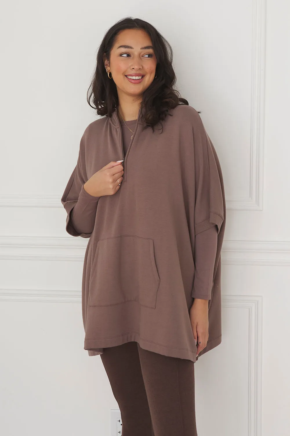 Lindsey Half-Zip Bamboo Poncho - Latte