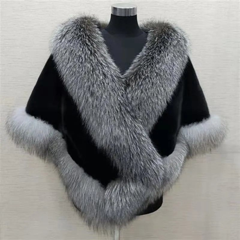 Luxurious Gray Faux Fur Poncho Shawl for Evening Wear