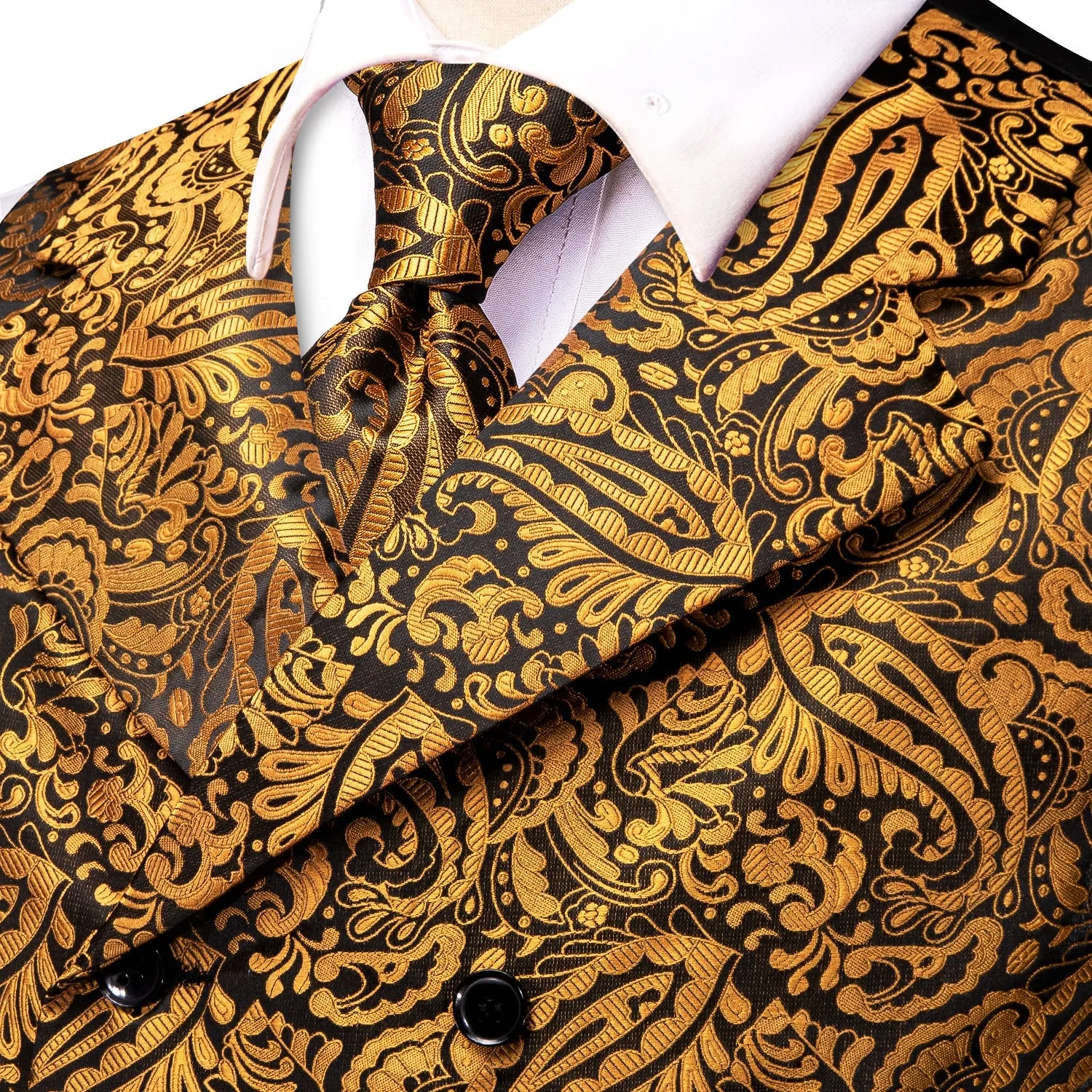 Medallion Yellow Black Paisley Jacquard Silk Men's Vest Hanky Cufflinks Tie Set