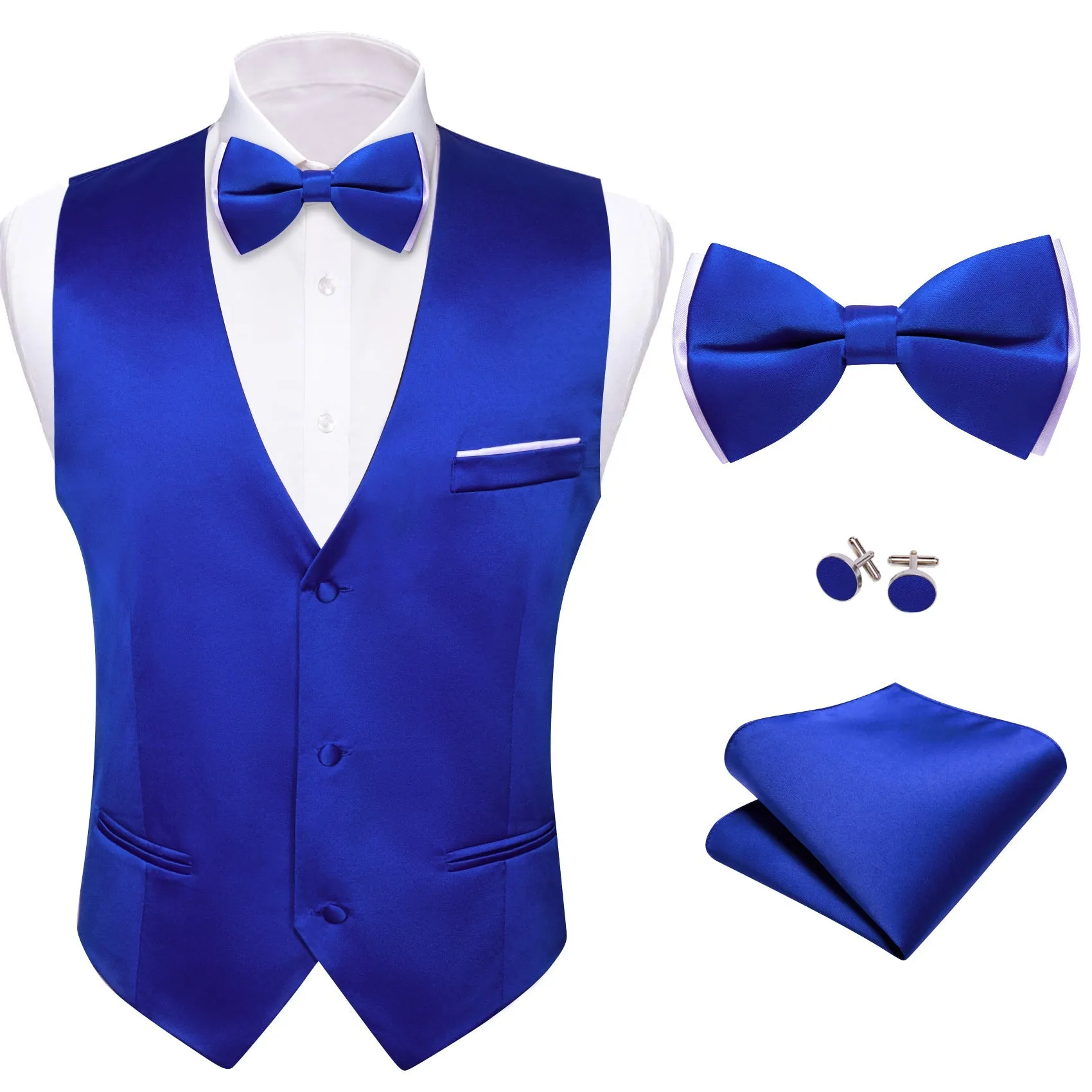 MediumBlue Solid Silk Men's Vest Bow Tie Set Waistcoat Suit Set