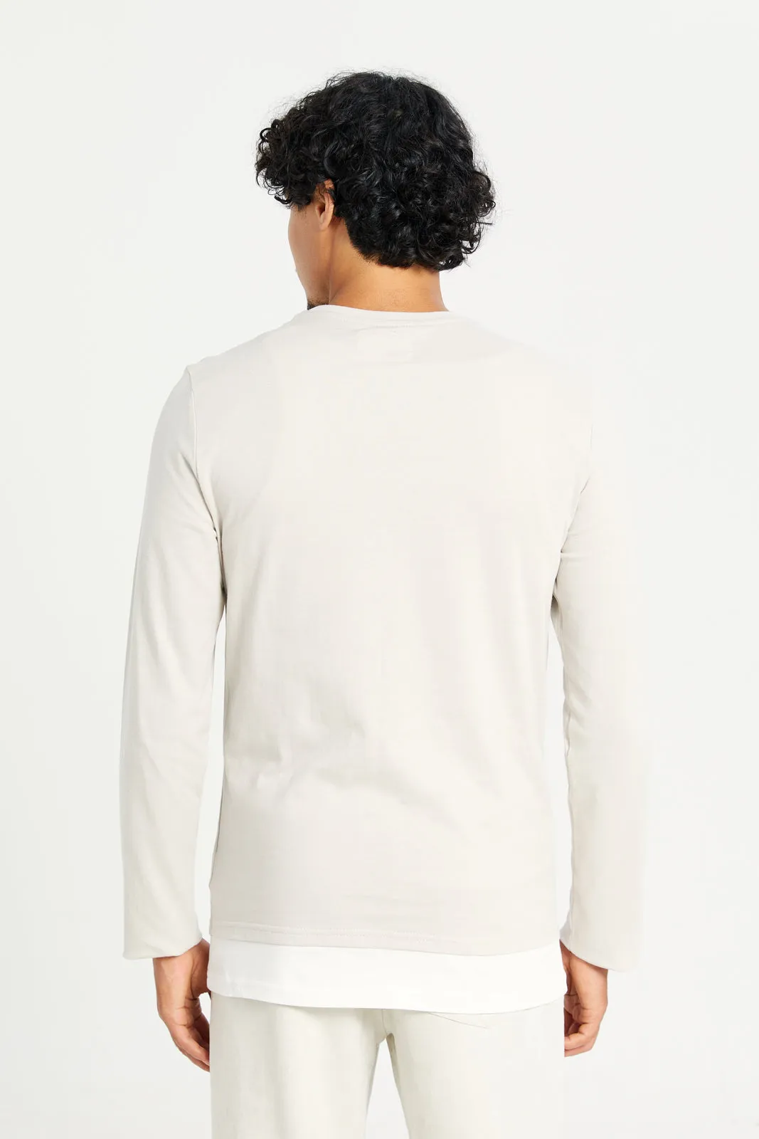 Men Taupe Long Sleeve Printed T-shirt