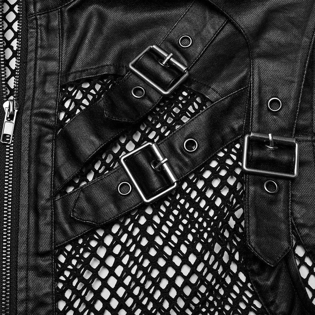 Men's Punk Rock Multi-buckles Mesh Splice Faux Leather Vest