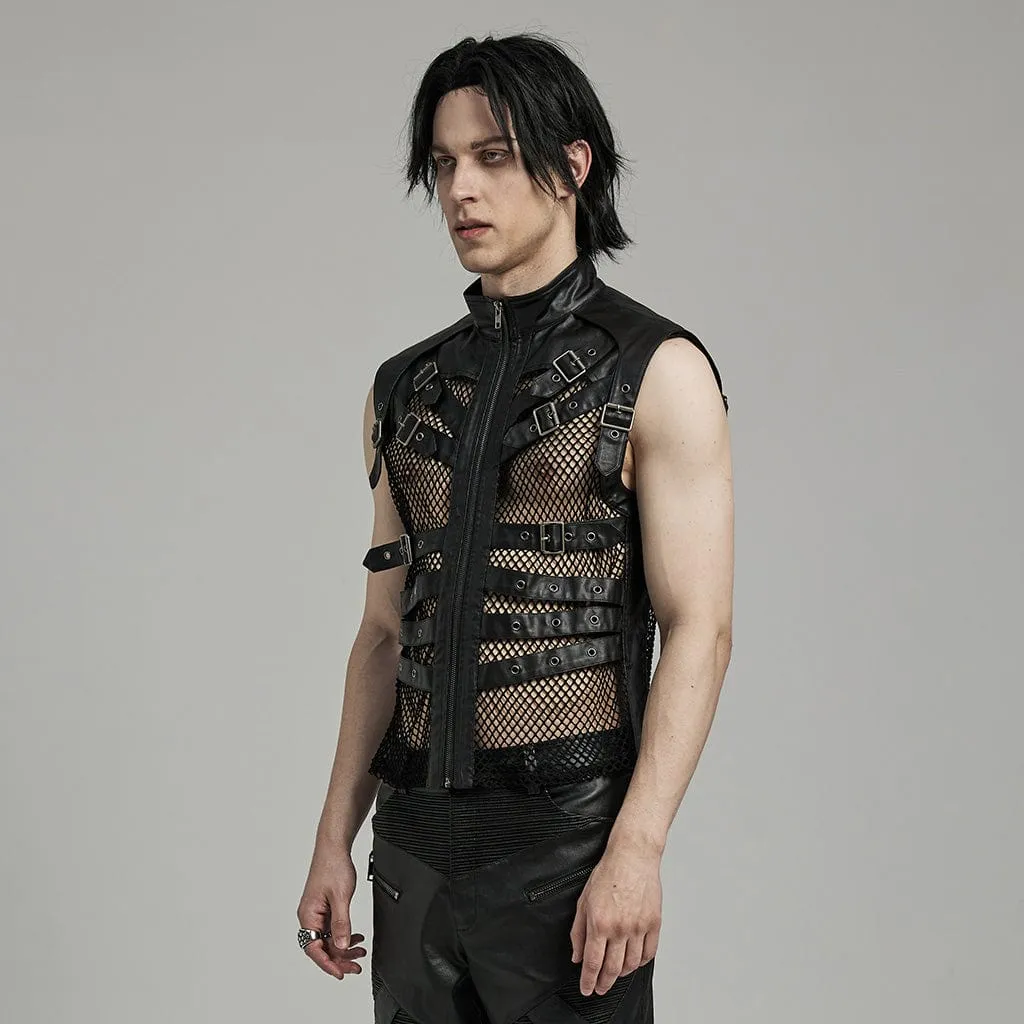 Men's Punk Rock Multi-buckles Mesh Splice Faux Leather Vest