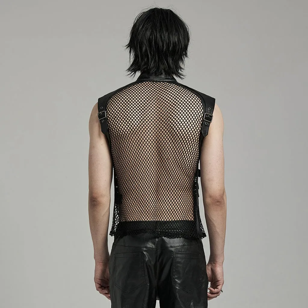 Men's Punk Rock Multi-buckles Mesh Splice Faux Leather Vest