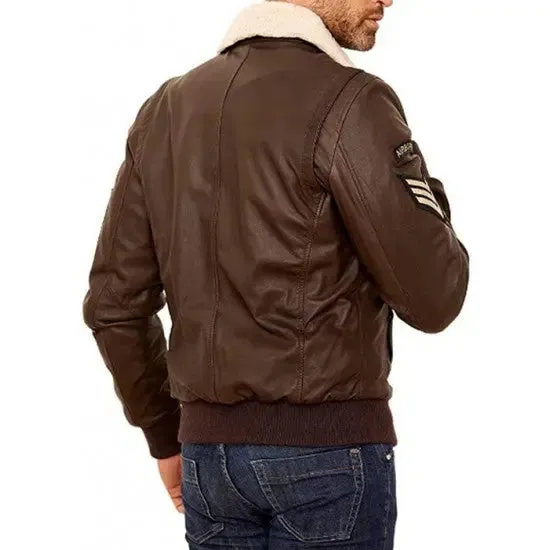 Men's Real Leather Brown Bomber Fur Collar Jacket