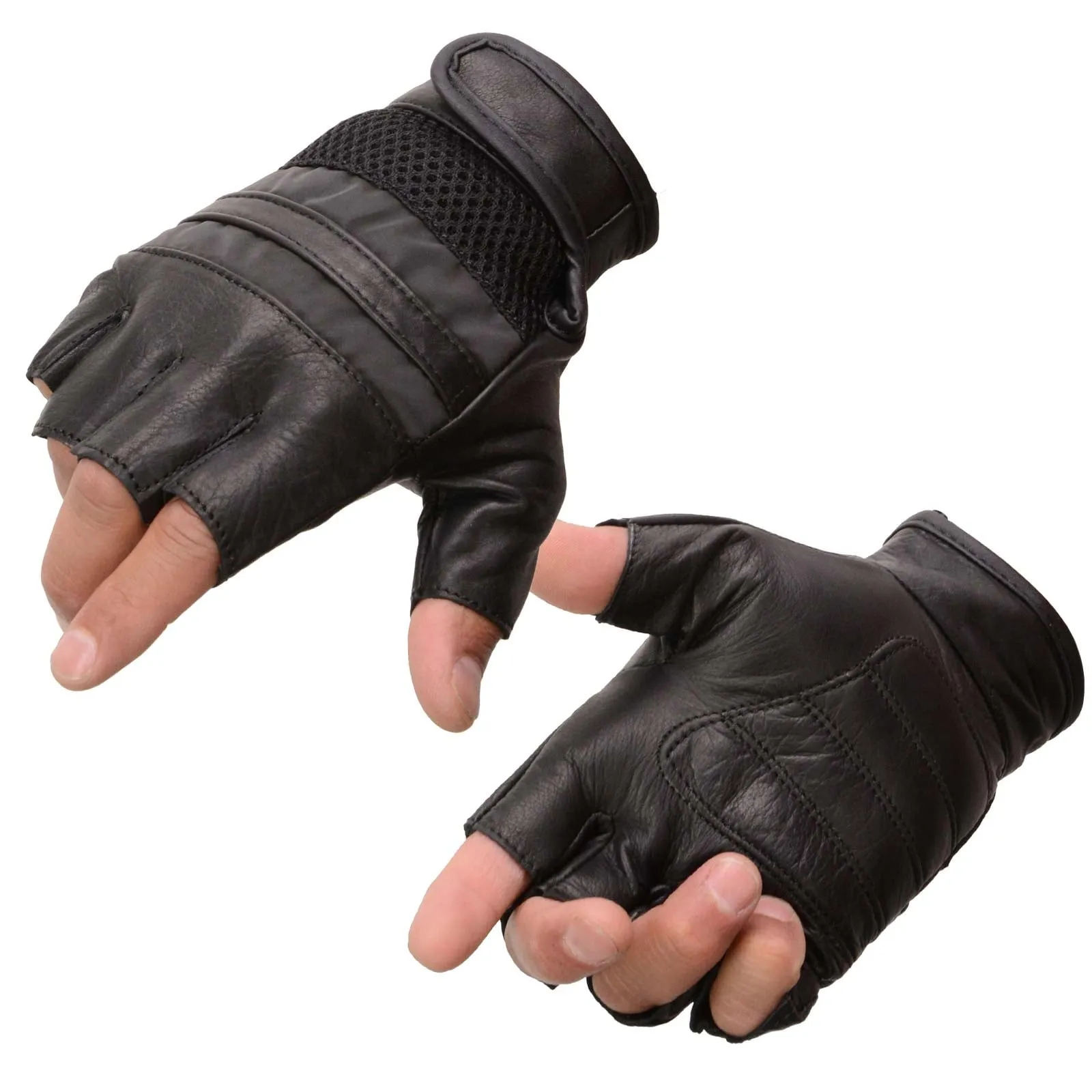 Milwaukee Leather MG7548 Men's Black Leather Mesh Gel Palm Fingerless Reflective Motorcycle Gloves