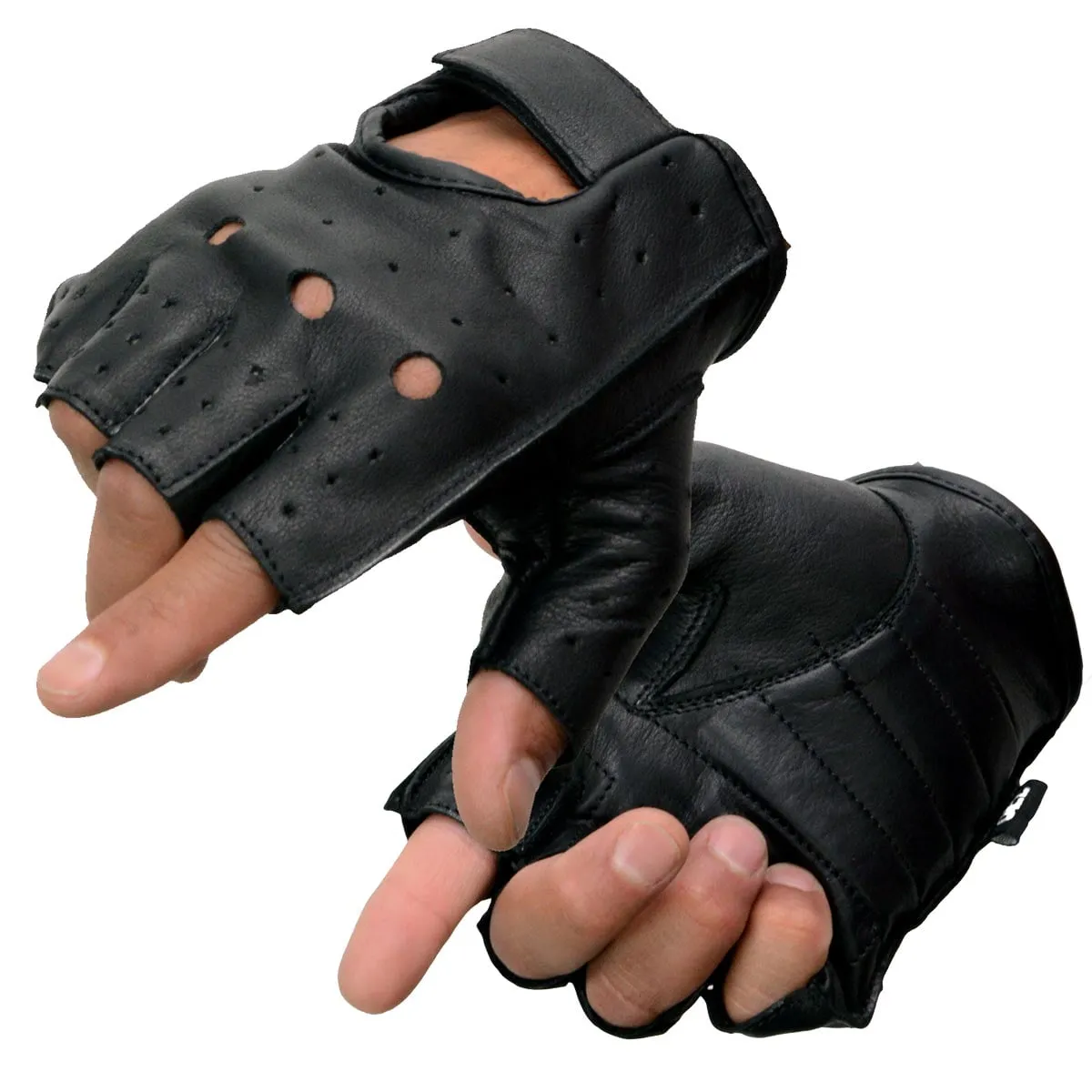 Milwaukee Leather SH195 Men's Black Leather Perforated Gel Padded Palm Fingerless Motorcycle Hand Gloves W/ ‘Open Knuckle’