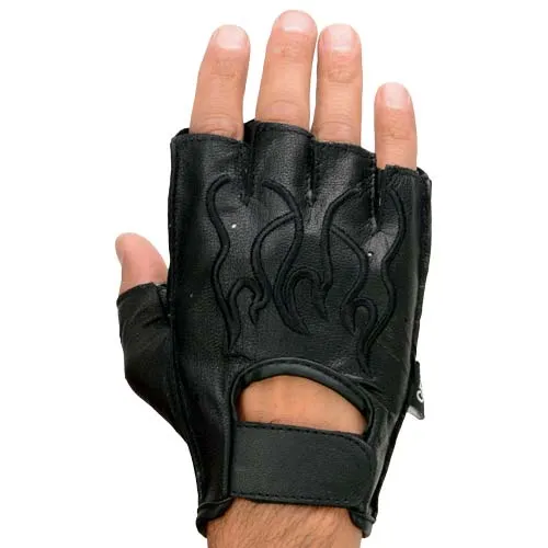 Milwaukee Leather SH198 Men's Black Leather Gel Padded Palm Fingerless Motorcycle Hand Gloves W/ ‘Black Flame Embroidered’