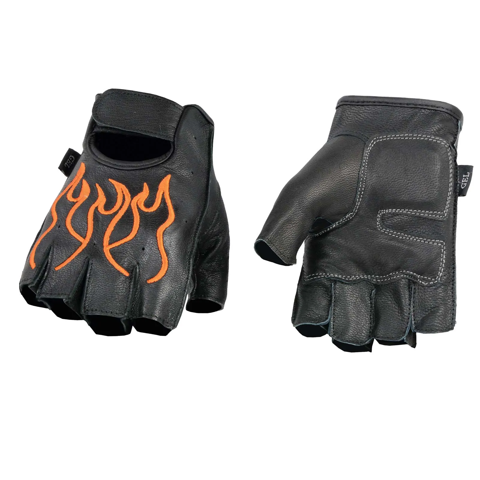 Milwaukee Leather SH198 Men's Black Leather Gel Padded Palm Fingerless Motorcycle Hand Gloves W/ ‘Orange Flame Embroidered’