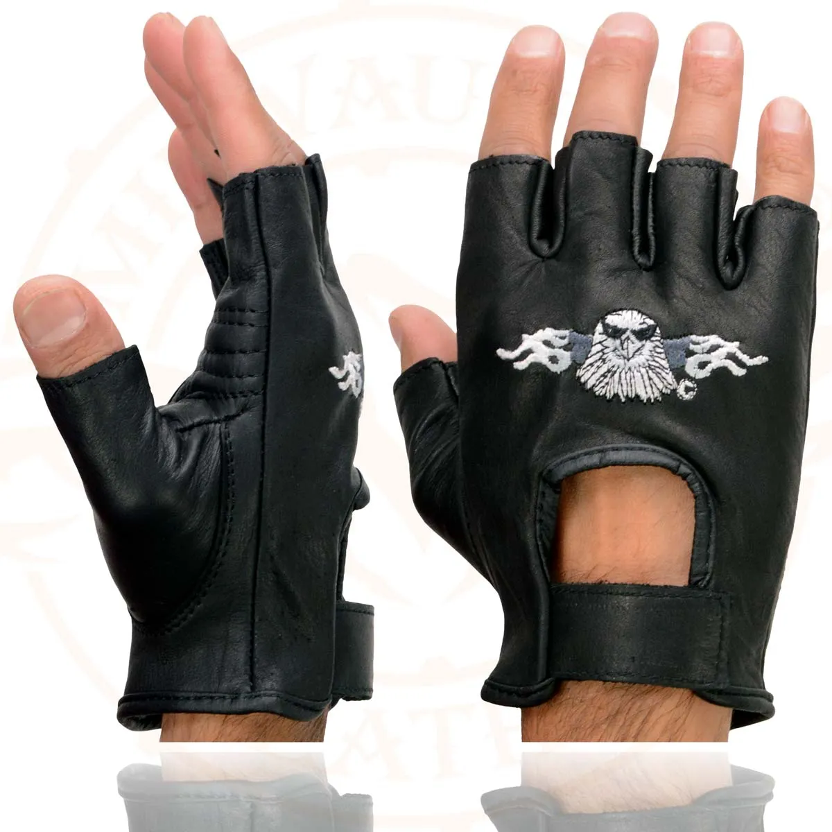 Milwaukee Leather SH352 Men's Black Leather Gel Padded Palm Fingerless Motorcycle Hand Gloves W/ ‘Embroidered Flaming Eagle’