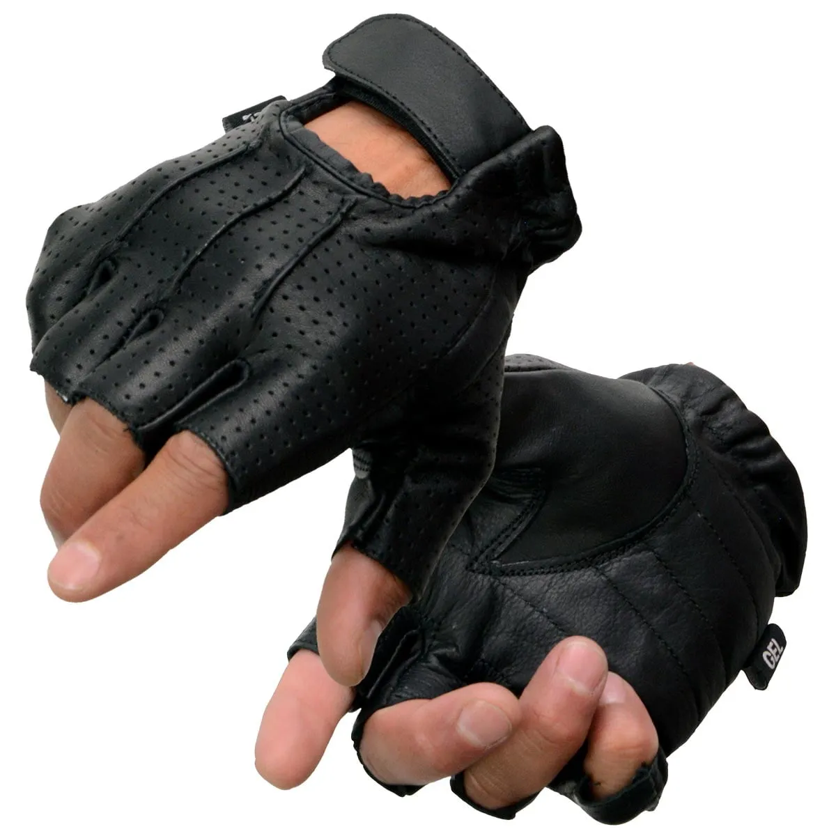 Milwaukee Leather SH357 Men's Black Leather Gel Padded Palm Fingerless Motorcycle Hand Gloves W/ ‘Welted Perforated Leather’