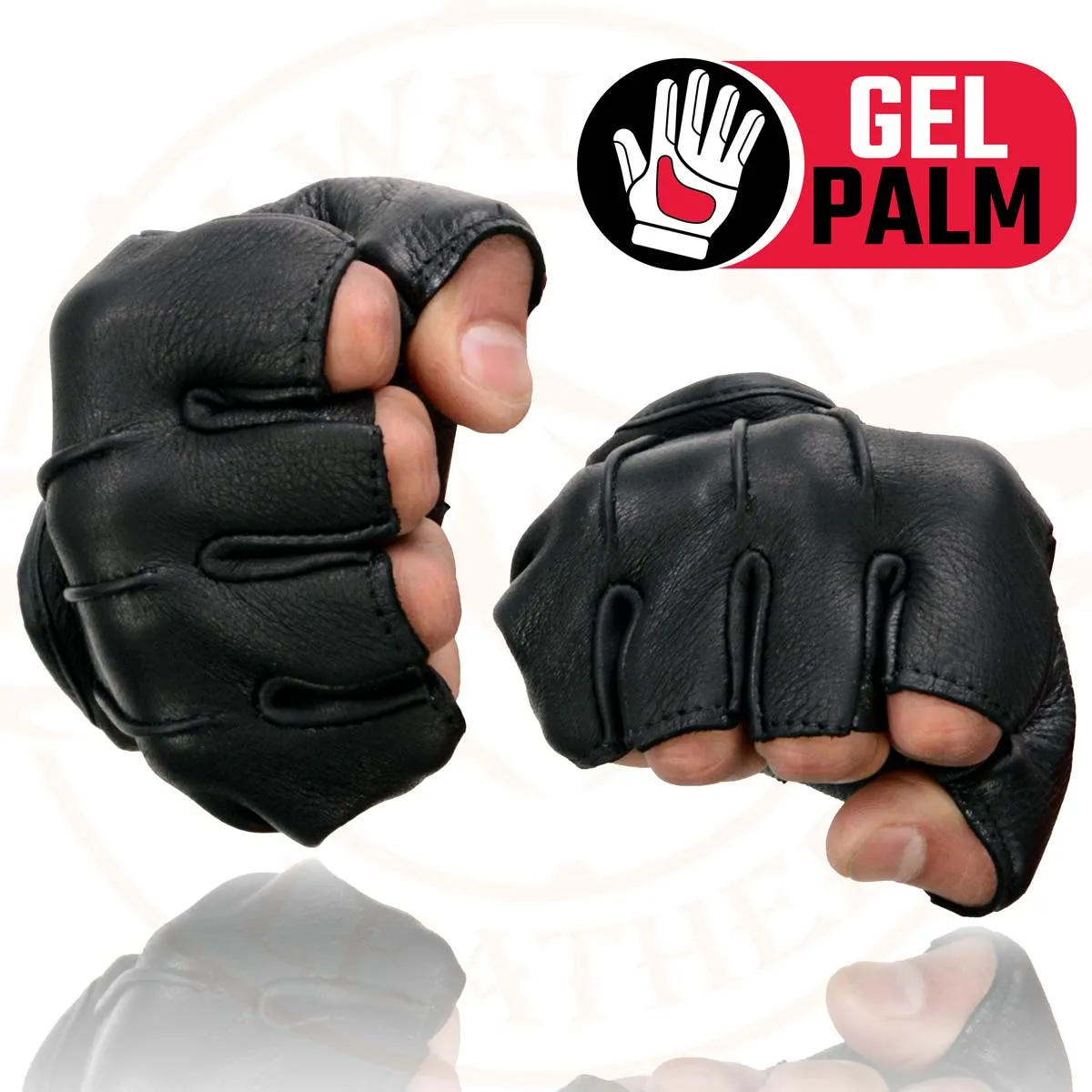 Milwaukee Leather SH878 Men's Black Leather Gel Padded Palm Fingerless Motorcycle Hand Gloves ‘Welted Genuine USA Deerskin’