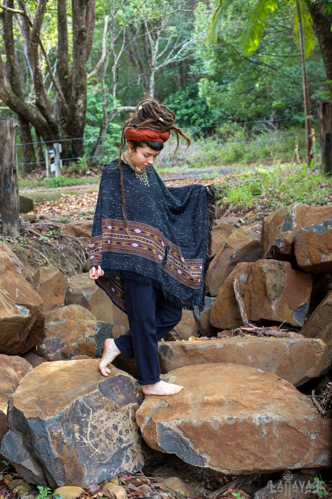 NAMA Women's Hooded Wool Poncho Black and Grey Handwoven Premium Pure Cashmere Hood Zen Embroidery Boho Gypsy Festival Mexican Aztec Celtic