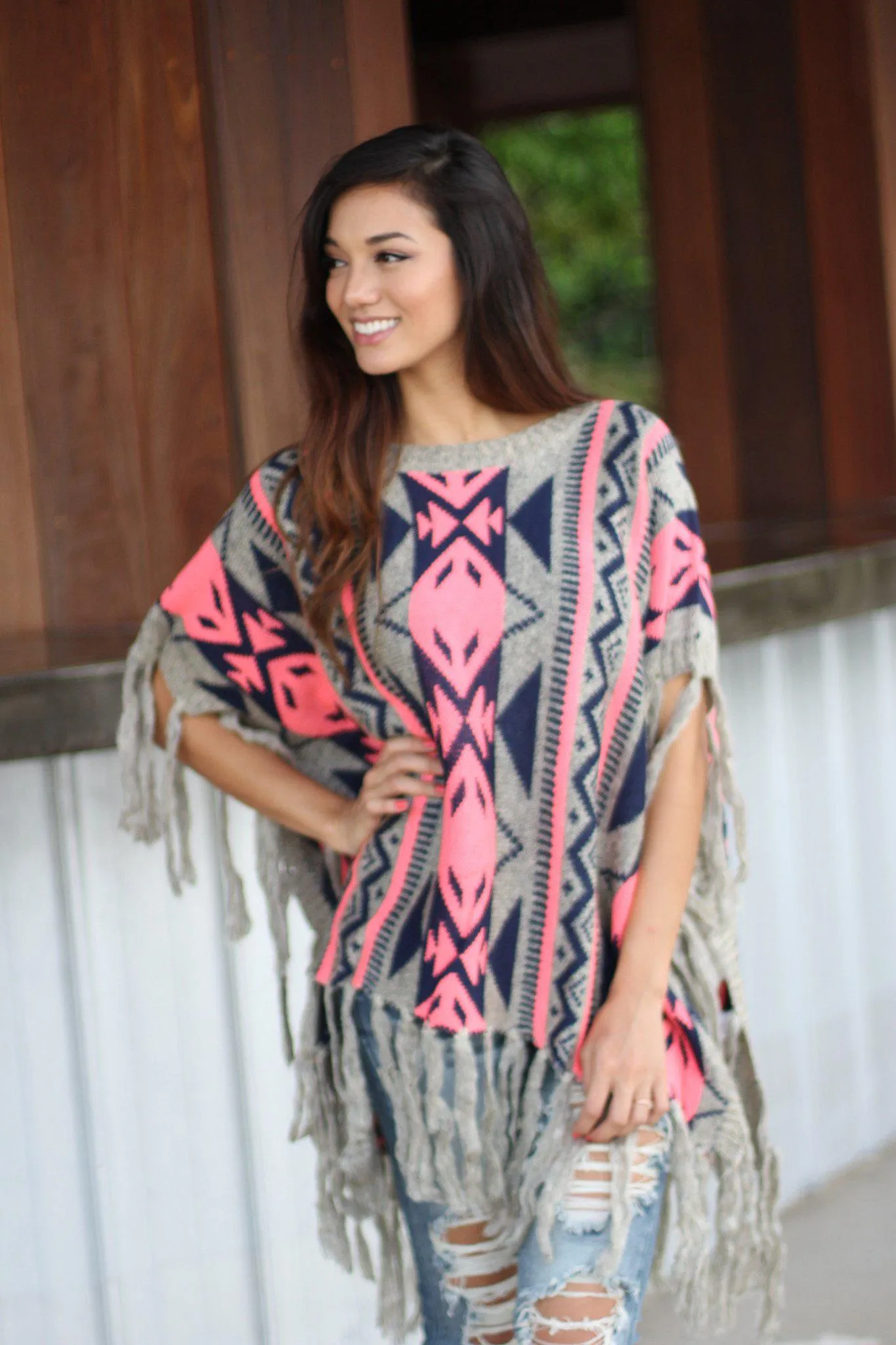 Neon Pink and Gray Poncho Sweater