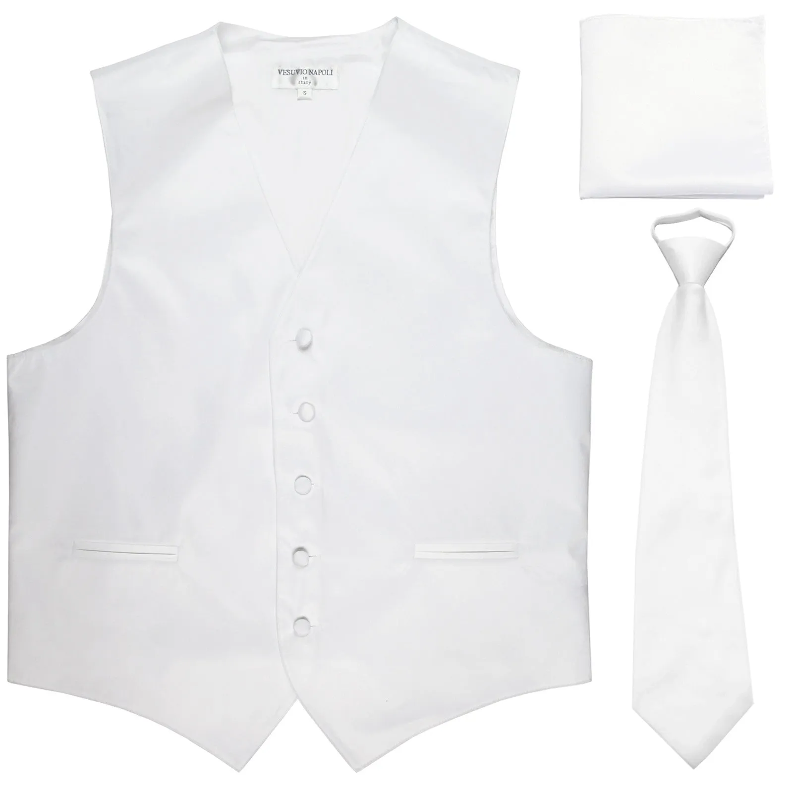 New Men's formal vest Tuxedo Waistcoat pre-tied neck tie and hankie white