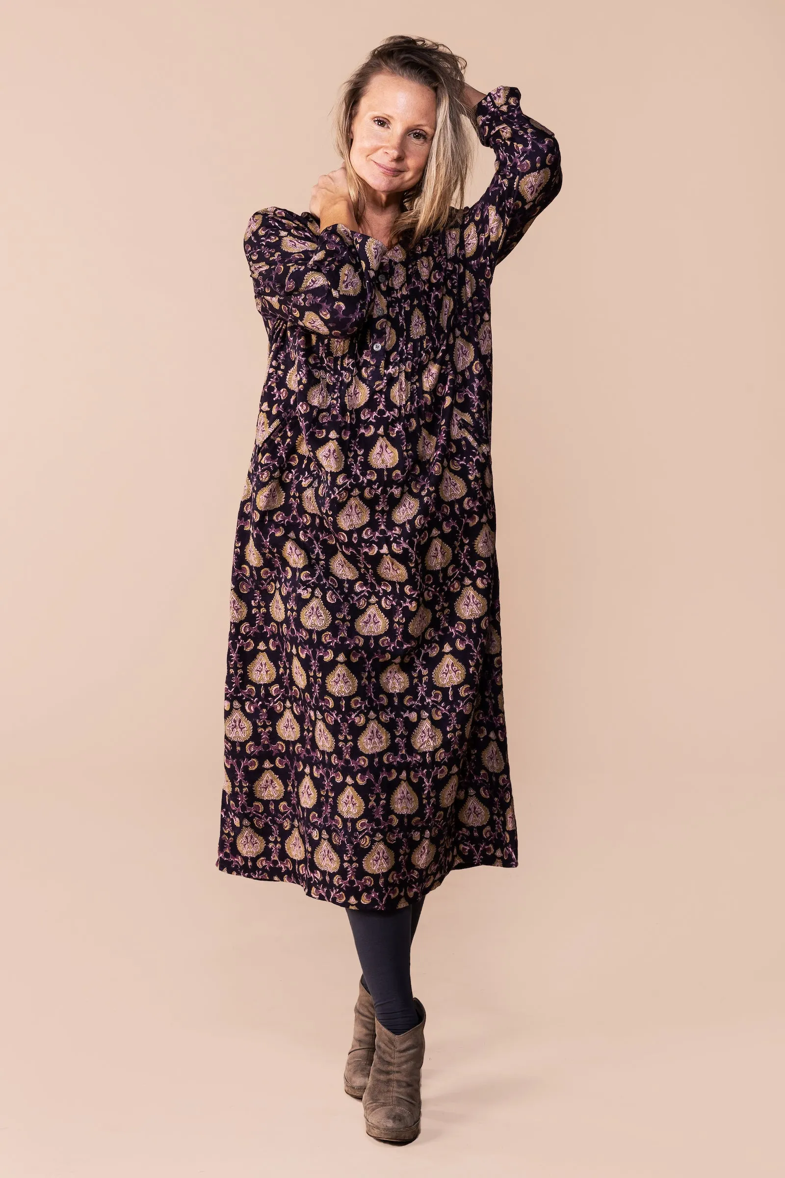 New Millie Dress Hand Block Printed In Brushed Cotton - AW2023