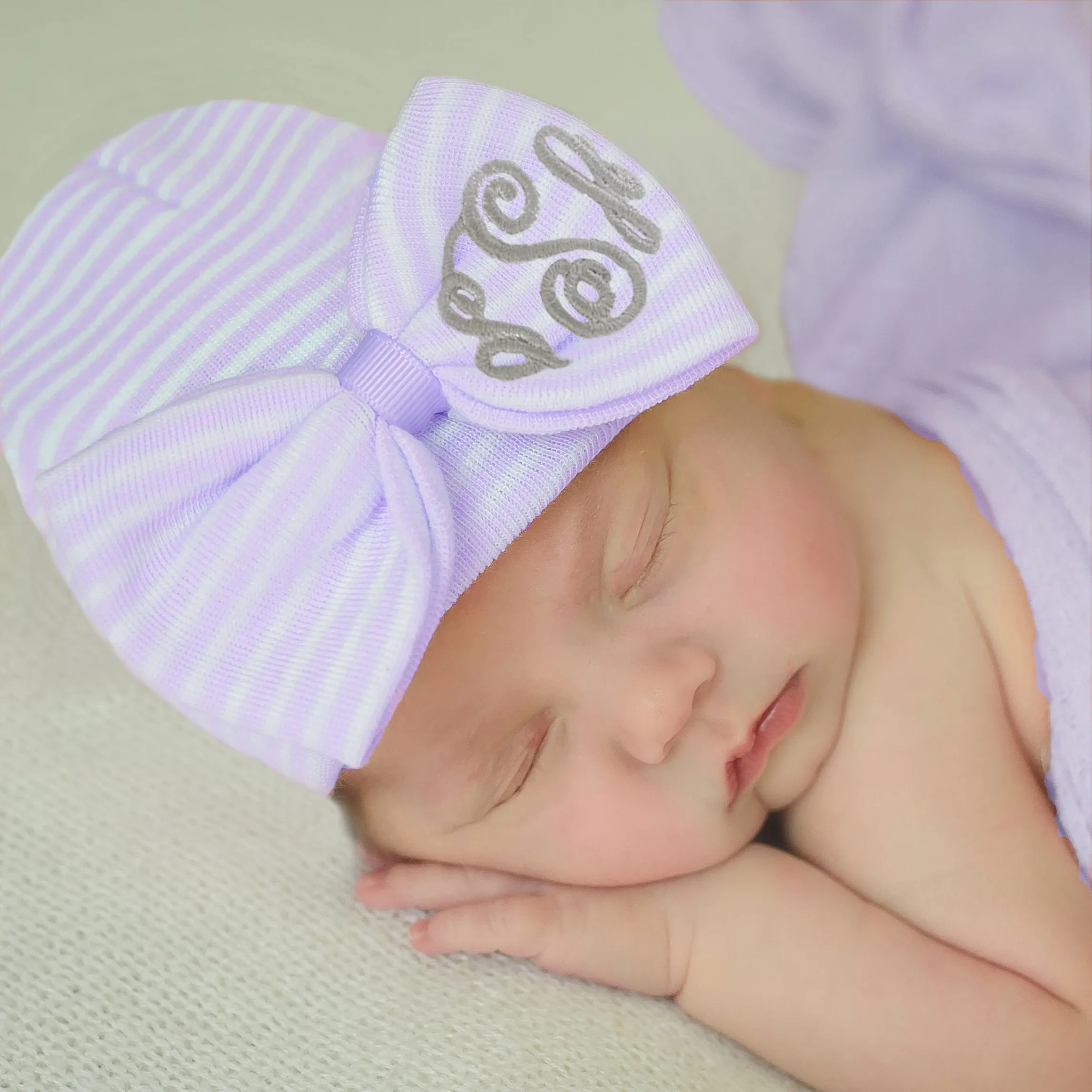 Newborn Baby Girl Hospital Nursery Beanie Hat With Wide Purple (OR Pink) and White Striped Bow & Monogrammed Initials