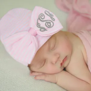 Newborn Girl Hospital Beanie Hat With Wide Pink (Or Purple) and White Striped Bow & Monogrammed Initials Nursery