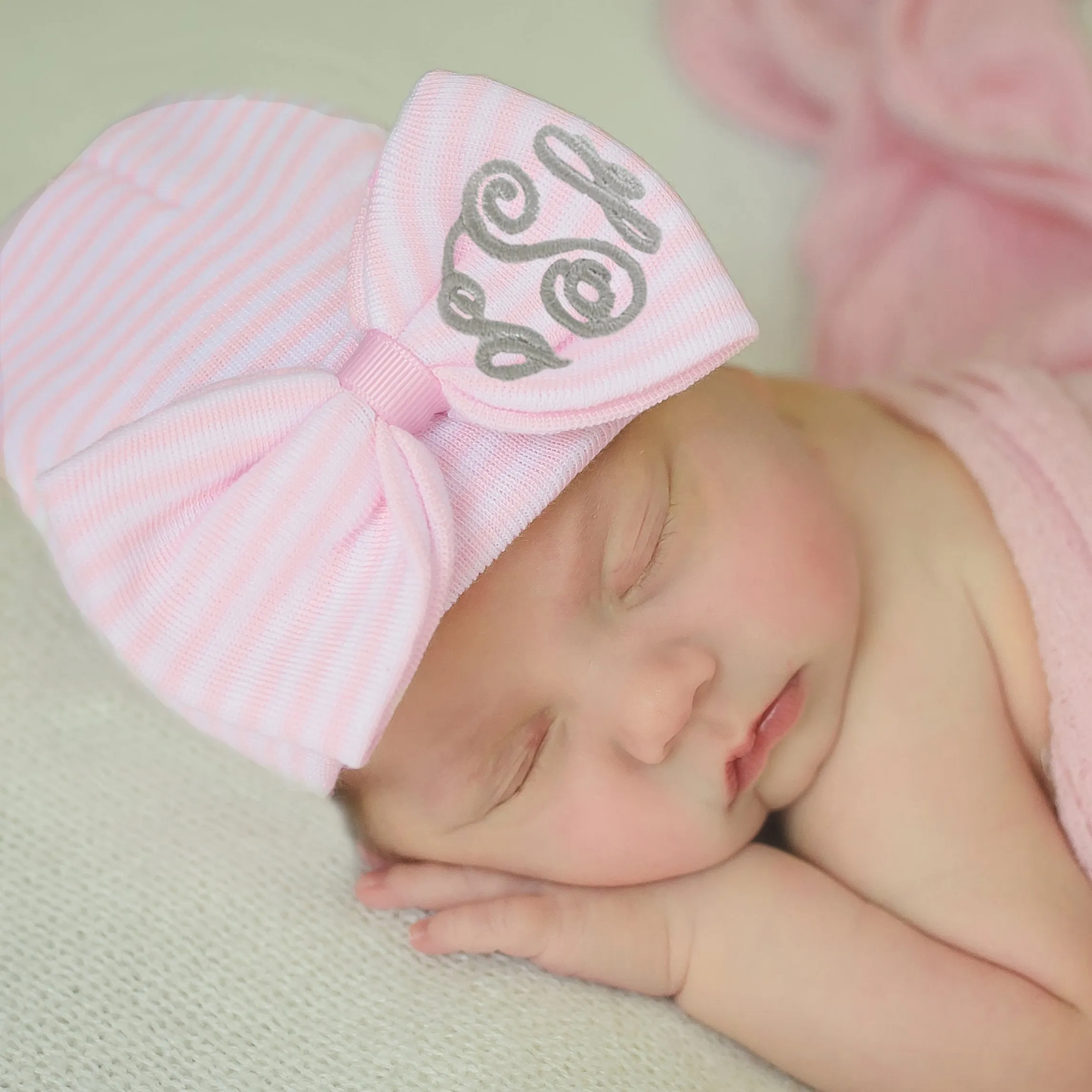 Newborn Girl Hospital Beanie Hat With Wide Pink (Or Purple) and White Striped Bow & Monogrammed Initials Nursery