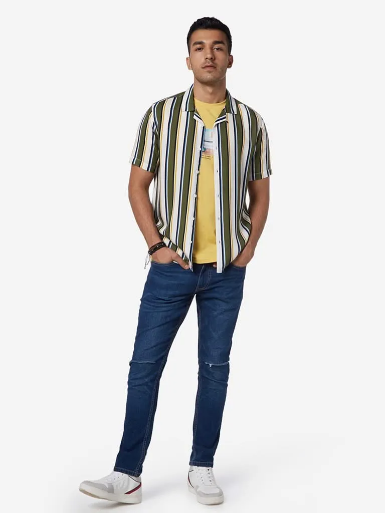 Nuon Olive Striped Relaxed Fit Shirt