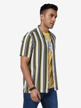 Nuon Olive Striped Relaxed Fit Shirt