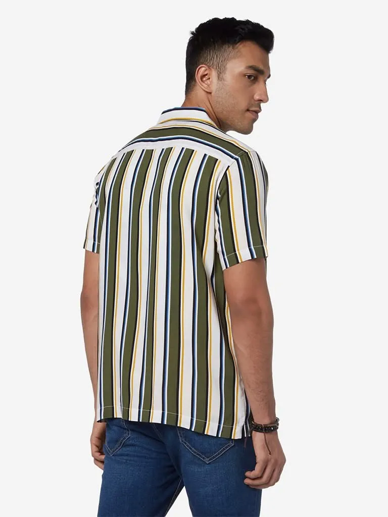 Nuon Olive Striped Relaxed Fit Shirt