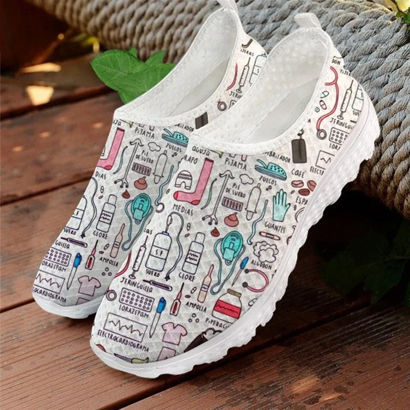 Nurse Cute Nursing Pattern Women Sneakers Summer Flat Casual Shoes Mesh Flats Woman Sneakers Nurse Beach Woman Loafers Ladies Shoes