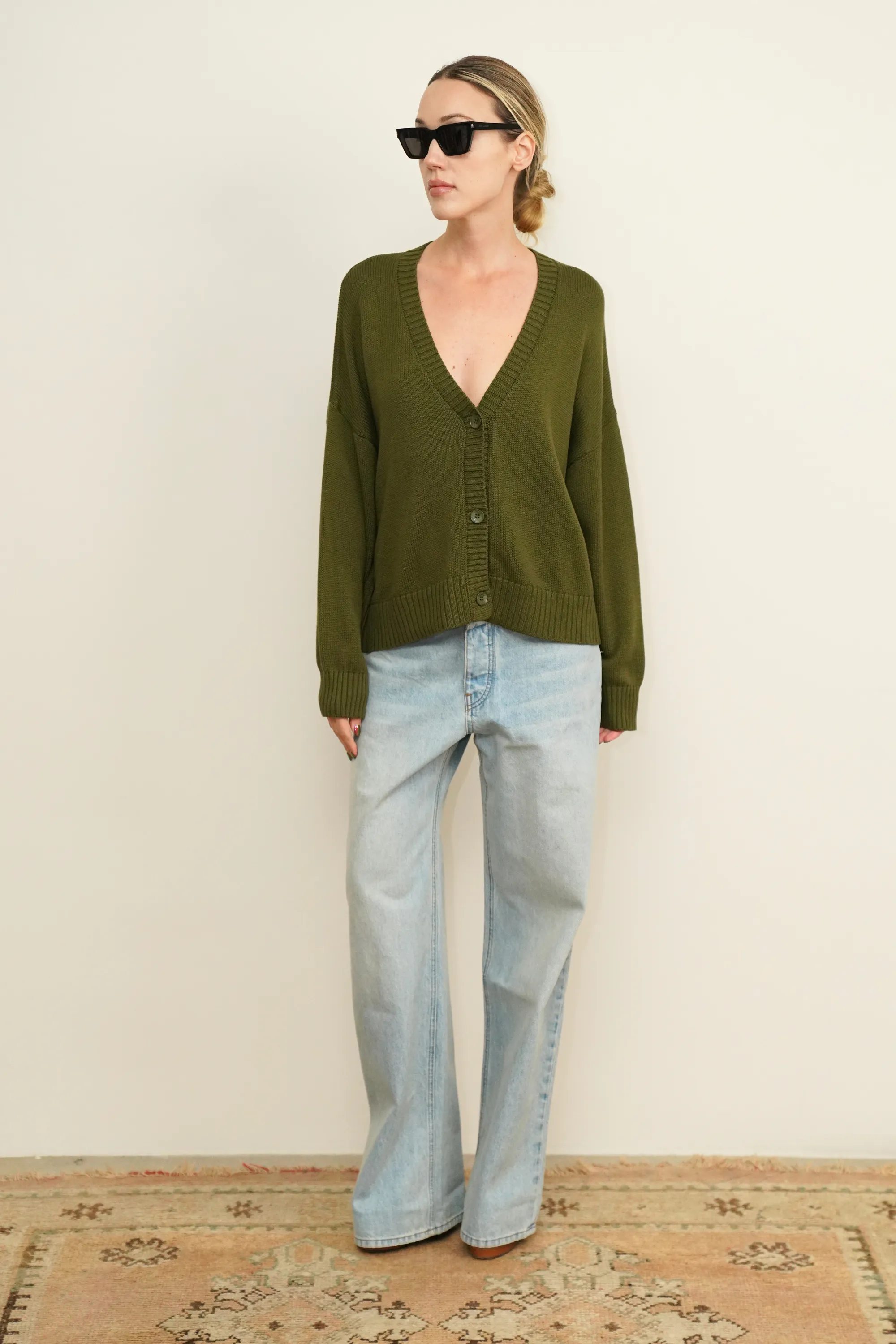 OLLIE BOXY V-NK CARDIGAN - OLIVE