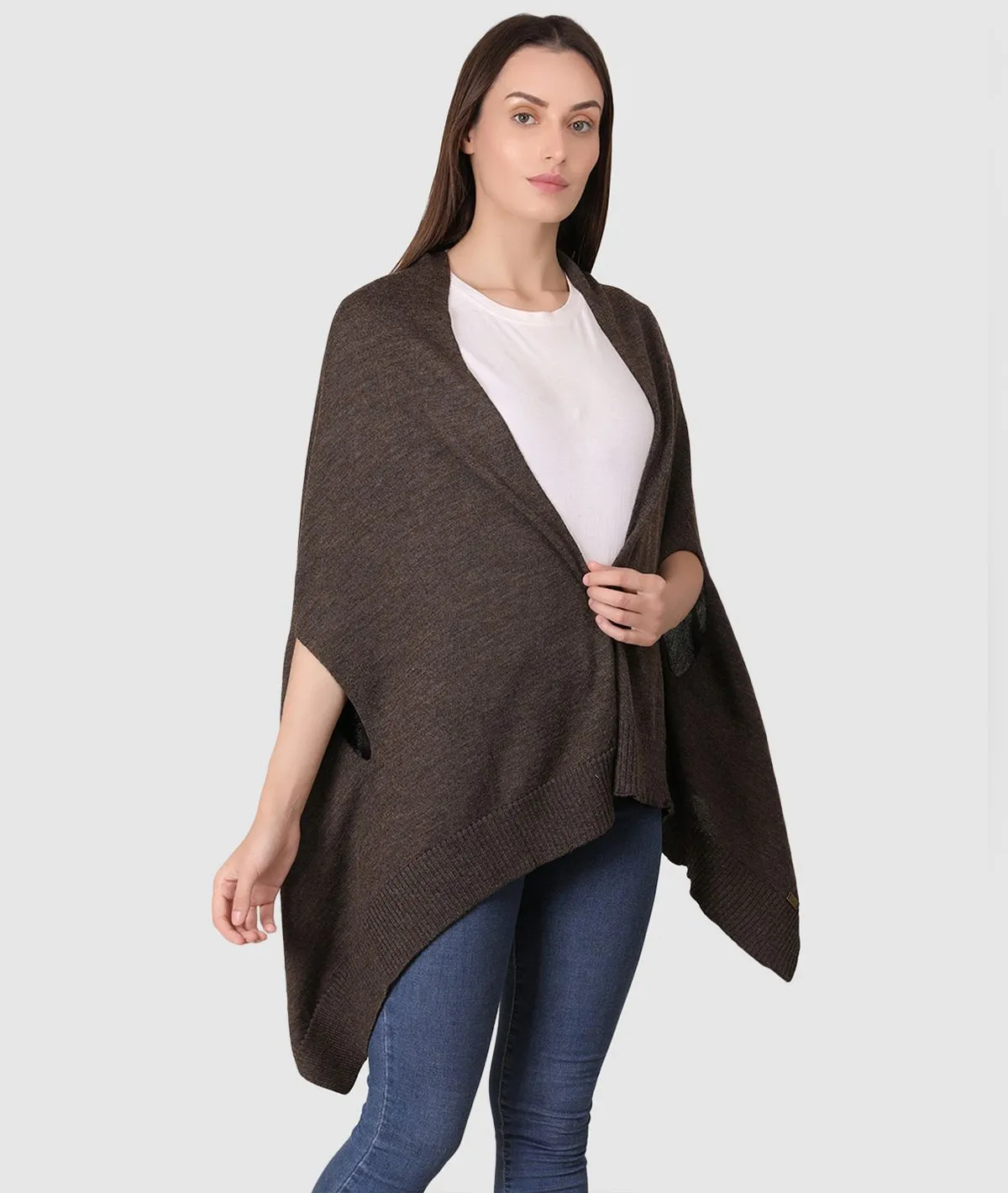 Palma Merino Wool Knitted Fashion Poncho / Cape for Everyday Chic Look (This Size Fits Most) (Dark  Brown)