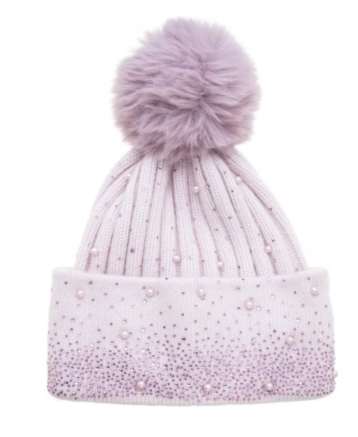 Park Lane HAT14 Ribbed Knitted Bobble Hat With Matching Scattered Gem Detail (2 Colours)