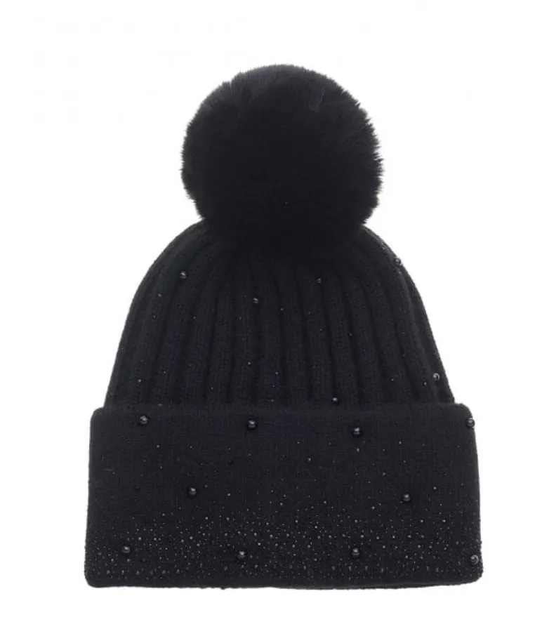 Park Lane HAT14 Ribbed Knitted Bobble Hat With Matching Scattered Gem Detail (2 Colours)