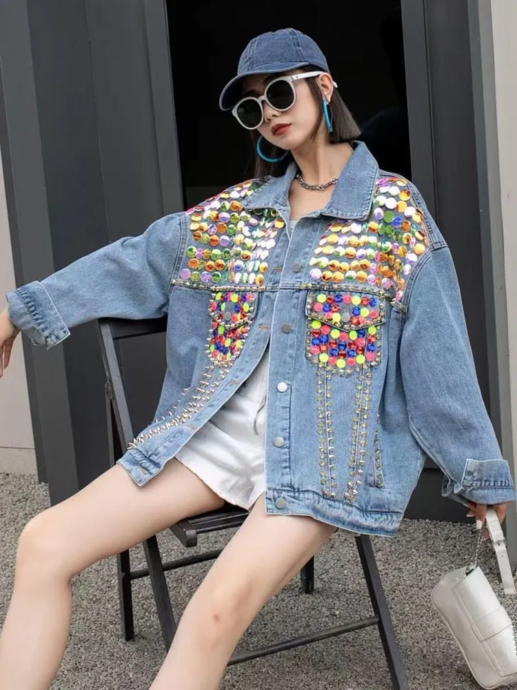 Patchwork Rivet Coat For Women Lapel Long Sleeve Loose Spliced Diamond Hit Color Streetwear Denim Jacket Female