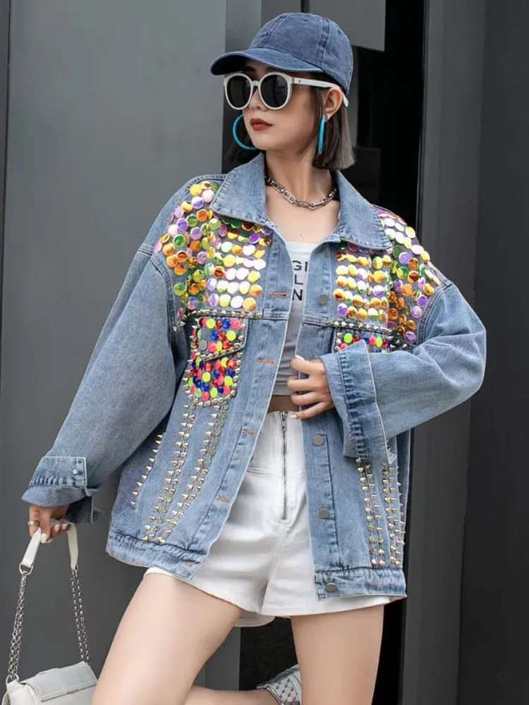 Patchwork Rivet Coat For Women Lapel Long Sleeve Loose Spliced Diamond Hit Color Streetwear Denim Jacket Female