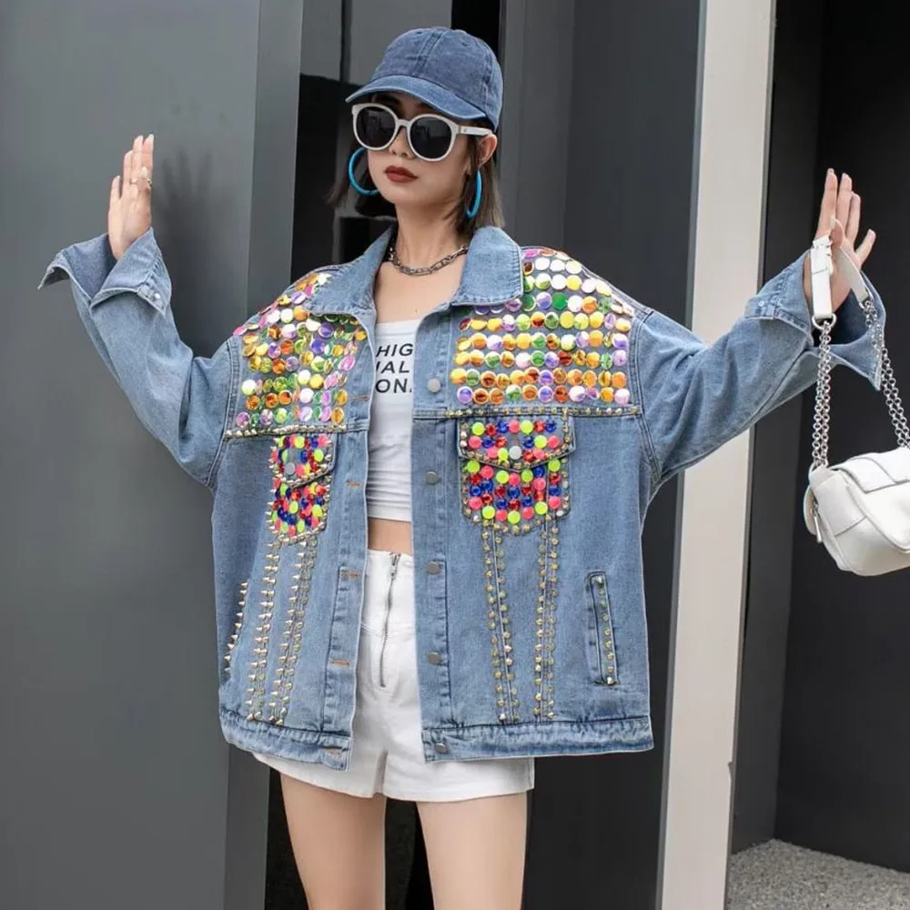 Patchwork Rivet Coat For Women Lapel Long Sleeve Loose Spliced Diamond Hit Color Streetwear Denim Jacket Female