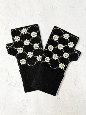 Pearl & Bead Flowers Fingerless Mittens, Black