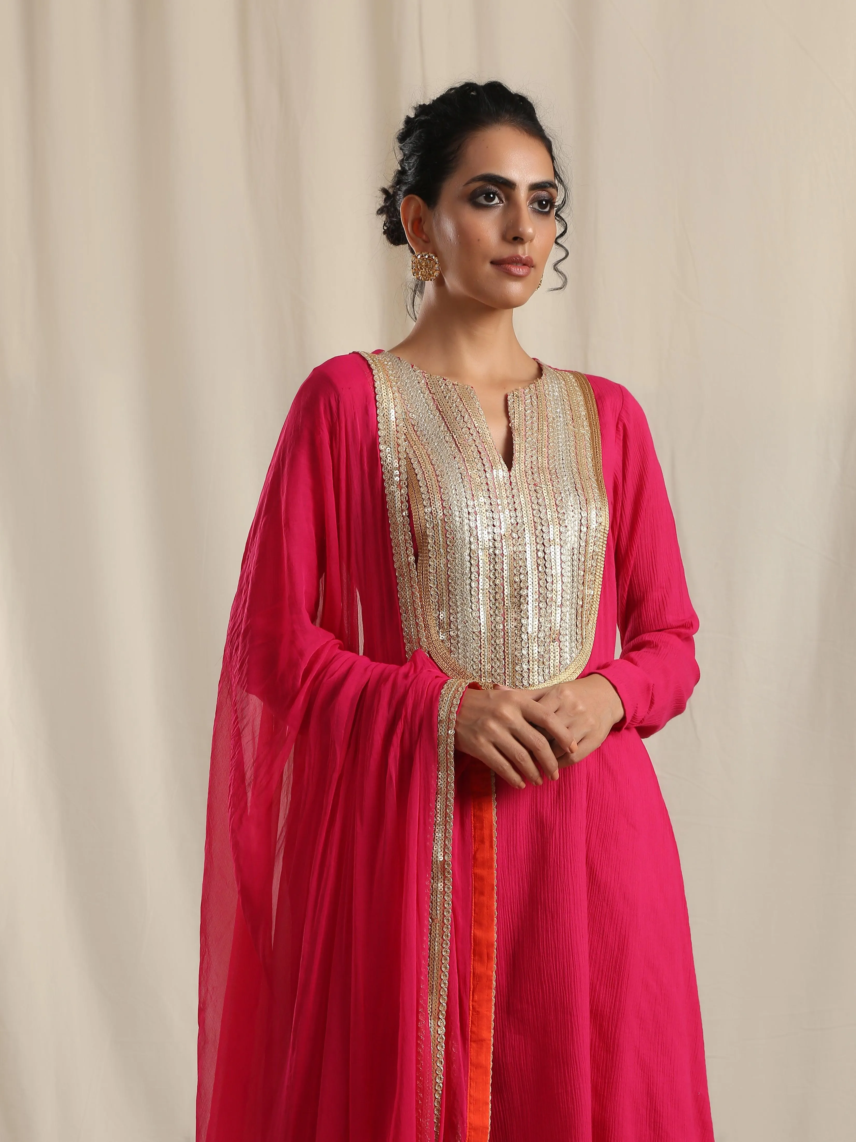 Pink Crinkle Flared Gota Kurta Pant Dupatta Set