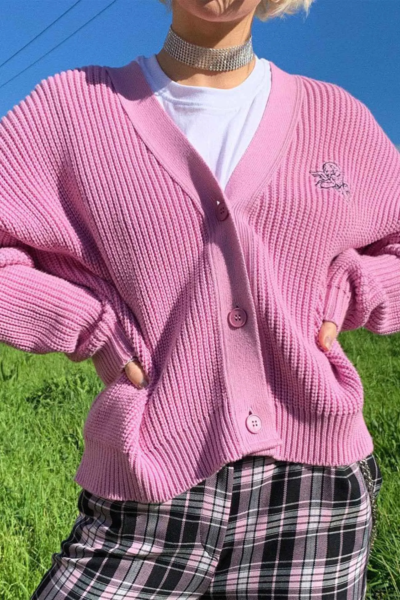 Pink Letters Embroidery Button-Front Cardigan