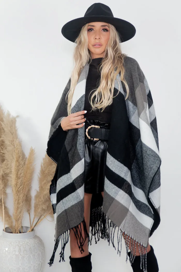 Plaid Poncho - Black