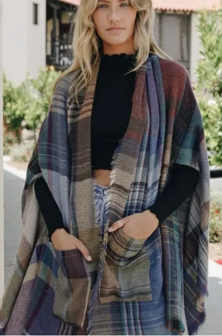 Plaid w Pockets Wrap open front Multicolor